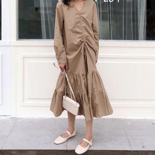 Drawstring Long-sleeve Midi Shift Dress