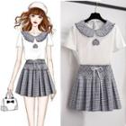 Set: Short-sleeve Collared T-shirt + Plaid Pleated Mini A-line Skirt T-shirt - White - One Size / Skirt - Plaid - Black & White - One Size