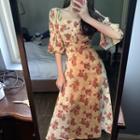 Floral Bell-sleeve Slim-fit Dress