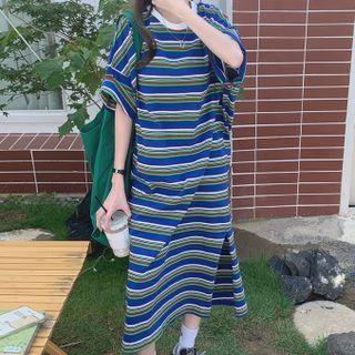 Elbow-sleeve Striped Midi T-shirt Dress Stripe - Dark Blue - One Size