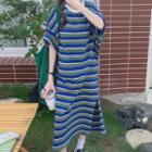 Elbow-sleeve Striped Midi T-shirt Dress Stripe - Dark Blue - One Size