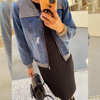 Knit-panel Zip-up Denim Jacket Blue - One Size