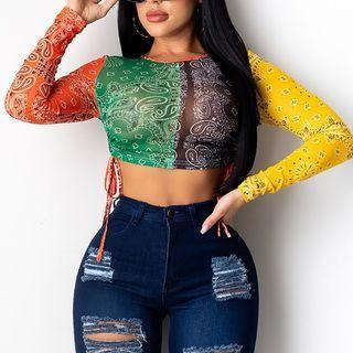 Long-sleeve Print Panel Cropped T-shirt