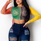 Long-sleeve Print Panel Cropped T-shirt