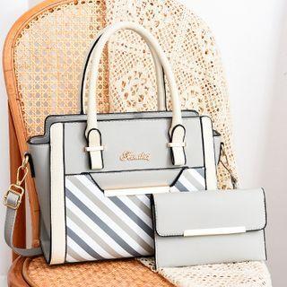 Set: Striped Panel Top Handle Crossbody Bag + Pouch