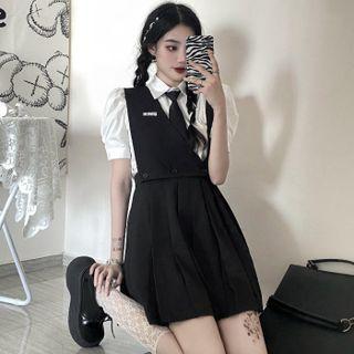 Puff-sleeve Shirt / Belt / Pleated Mini A-line Overall Skirt / Set