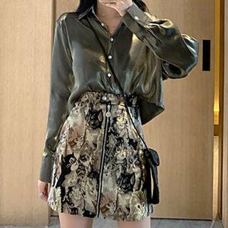 Long-sleeve Blouse / Cat Embroidered Zip Mini Skirt