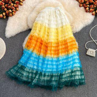 Color Block Mesh Layered Maxi A-line Dress