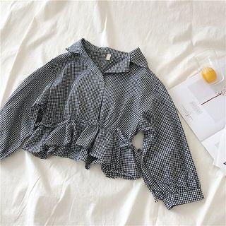 Plaid Drawcord Ruffled-trim Blouse