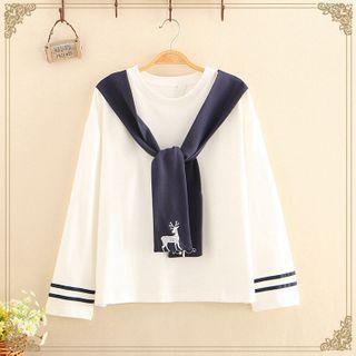 Deer Embroidered Inset Scarf Long-sleeve Top