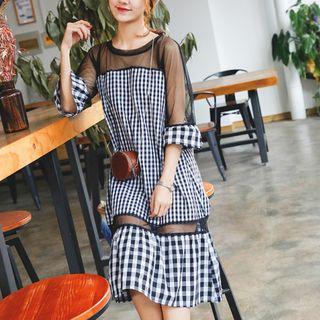 Check Elbow-sleeve Midi A-line Dress