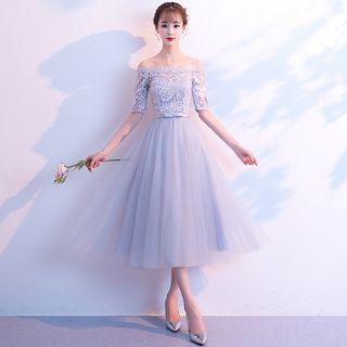 Lace Panel Midi A-line Bridesmaid Dress