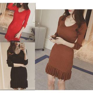 Long-sleeve Ruffle Mini Sheath Knit Dress