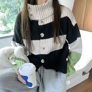 Turtleneck Striped Cardigan Black & Off-white - One Size