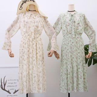 Ribbon-neckline Printed Midi Dress
