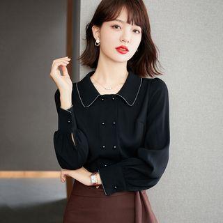 Long-sleeve Double-breasted Blouse / Mock-tie Midi Pencil Skirt