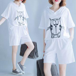 Set: Short-sleeve Cat Print Hooded Top + Shorts White - One Size