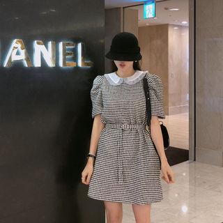 Chiffon-collar Puff-sleeve Tweed Dress With Belt