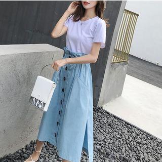Set: Short Sleeve Plain T-shirt + Striped Buttoned A-line Skirt