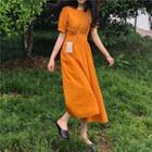 Short-sleeve Midi A-line Dress Orange - One Size