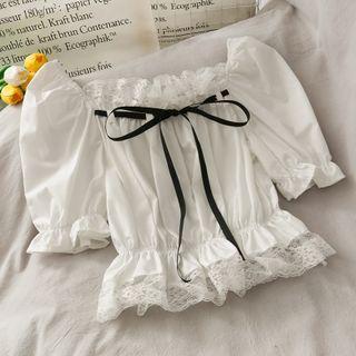 Lace-panel Ribbon Crop Blouse