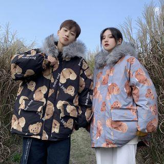 Bear Print Fluffy Trim Hooded Zip Jacket