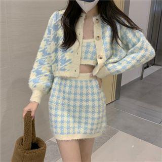 Houndstooth Cardigan / Camisole Top / Knit Mini Pencil Skirt / Set