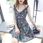 Set: 3/4-sleeve Top + Strappy Floral A-line Dress