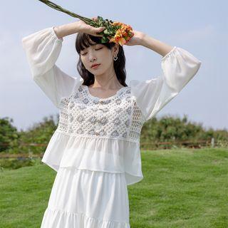 Balloon-sleeve Lace Panel Chiffon Blouse White - One Size