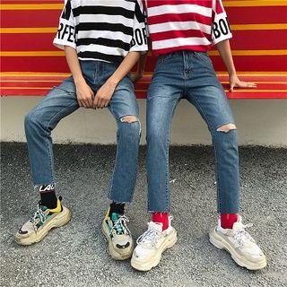 Couple Matching Distressed Straight-cut Jeans