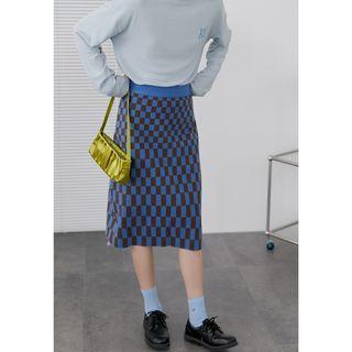 Checkerboard Knit Midi A-line Skirt