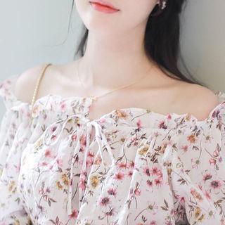 Off-shoulder Tie-front Frill-trim Floral Top