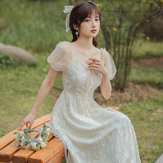 Puff-sleeve Floral Midi A-line Chiffon Dress