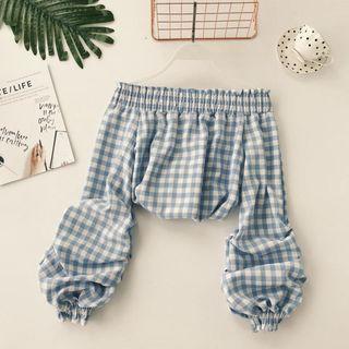Puff-sleeve Off-shoulder Plaid Blouse