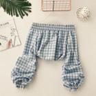 Puff-sleeve Off-shoulder Plaid Blouse