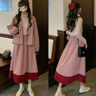 Balloon-sleeve Buttoned Jacket / Mock-turtleneck Knit Top / Midi A-line Skirt
