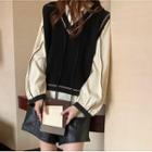 Long-sleeve Contrast Stitching Blouse / Sweater Vest