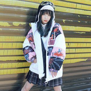 Fish Print Paneled Zip Jacket
