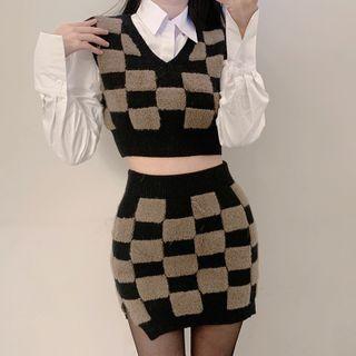 Checkerboard Sweater Vest / Mini Skirt