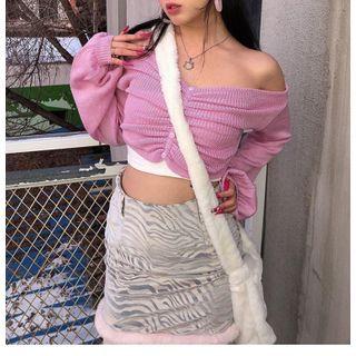 Off-shoulder Shirred Cardigan Pink - M