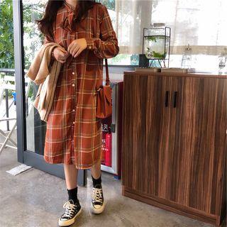 Plaid Bow Accent Long-sleeve Midi Dress