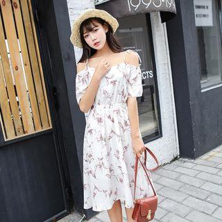 Off-shoulder Strap Print Short-sleeve Dress