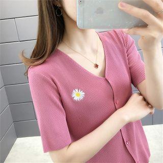 Short-sleeve Floral Embroidered Ribbed Cardigan