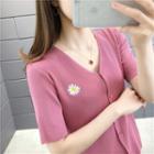Short-sleeve Floral Embroidered Ribbed Cardigan