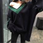 Contrast Trim V-neck Oversized Sweater