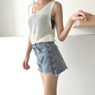 Embroidered Fringed Loose-fit Denim Shorts