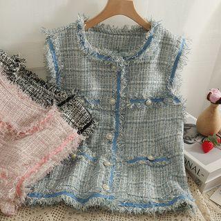 Frayed Button-up Tweed Loose Vest