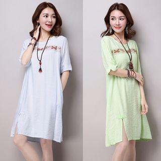 Embroidered Linen Short-sleeve Dress