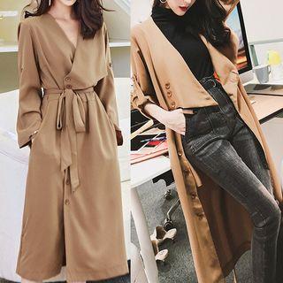 Long-sleeve V-neck Button-front Midi Dress
