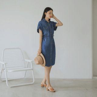 Short-sleeve Dual-pocket Denim Midi Shirtdress